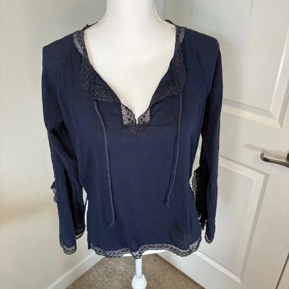 Passport Womens Navy Blue Cotton Gauze Crochet Lace Trim Peasant Blouse Size M - Picture 2 of 5